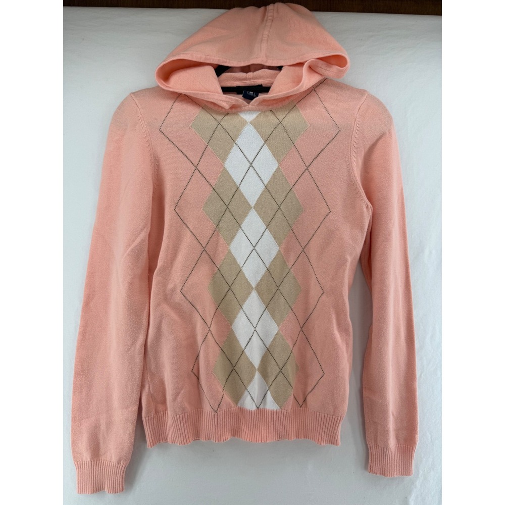 IZOD Womens Peach Argyle Hooded Sweater Small 100% Cotton Long Sleeve Pullover